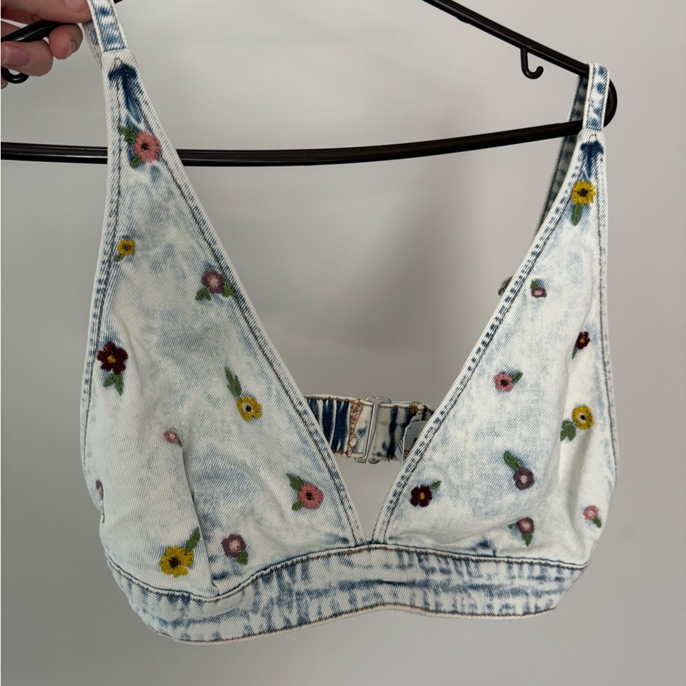 Viral Target Floral Embroidered Denim Bralette